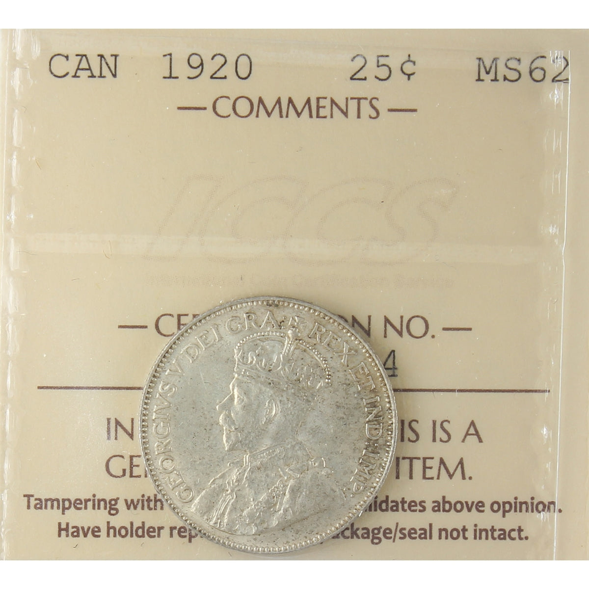 1920 Canada 25-cents ICCS Certified MS62 (XZD 174)