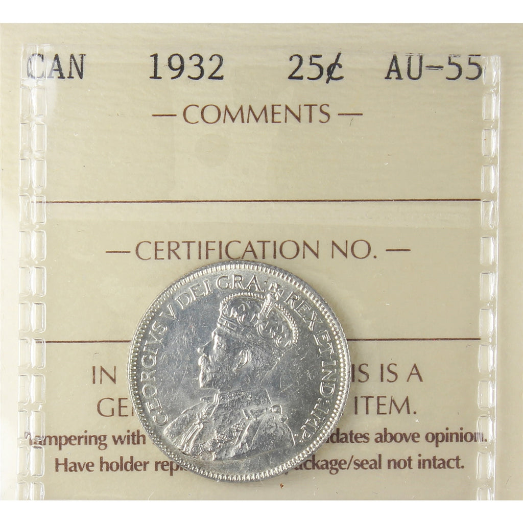1932 Canada 25-cents ICCS Certified AU55
