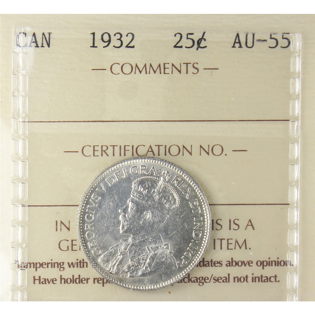 1932 Canada 25-cents ICCS Certified AU55