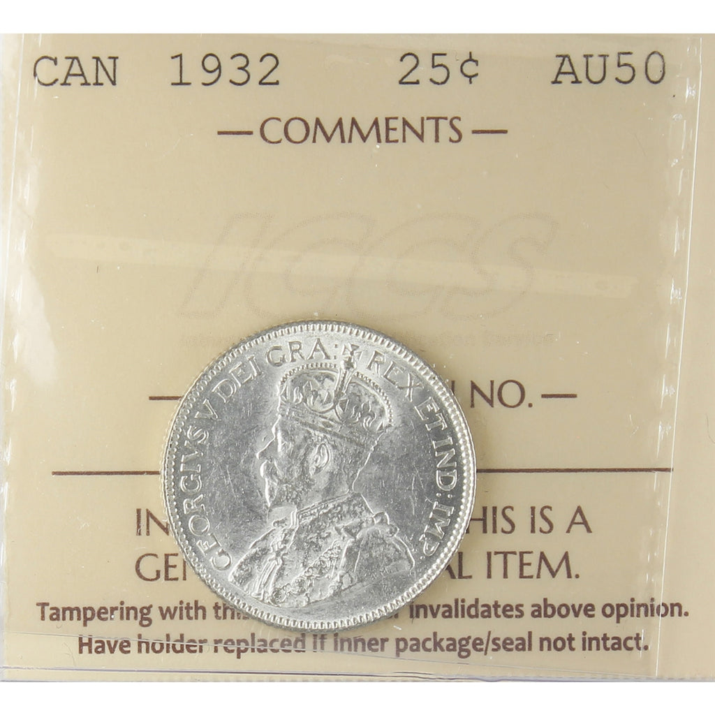 1932 Canada 25-cents ICCS Certified AU50