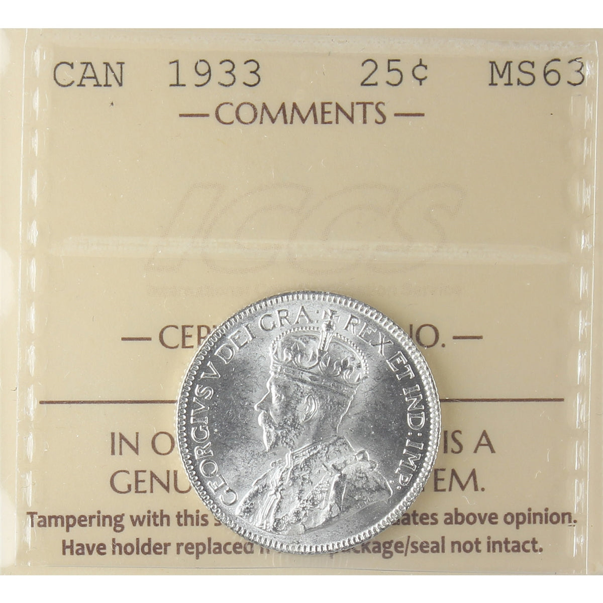 1933 Canada 25-cents ICCS Certified MS63