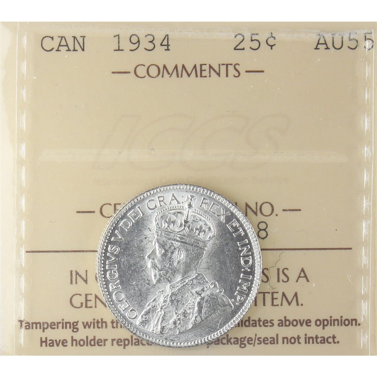 1934 Canada 25-cents ICCS Certified AU55