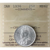 1936 Canada 25-cents ICCS Certified MS62