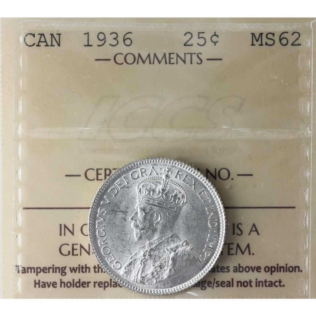 1936 Canada 25-cents ICCS Certified MS62