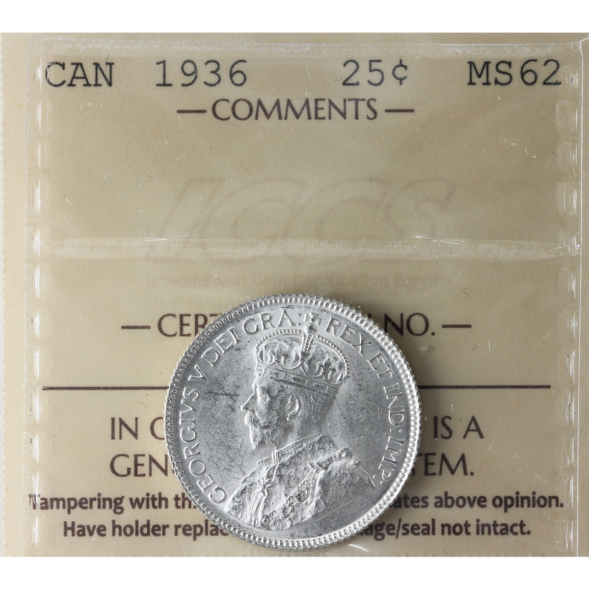 1936 Canada 25-cents ICCS Certified MS62