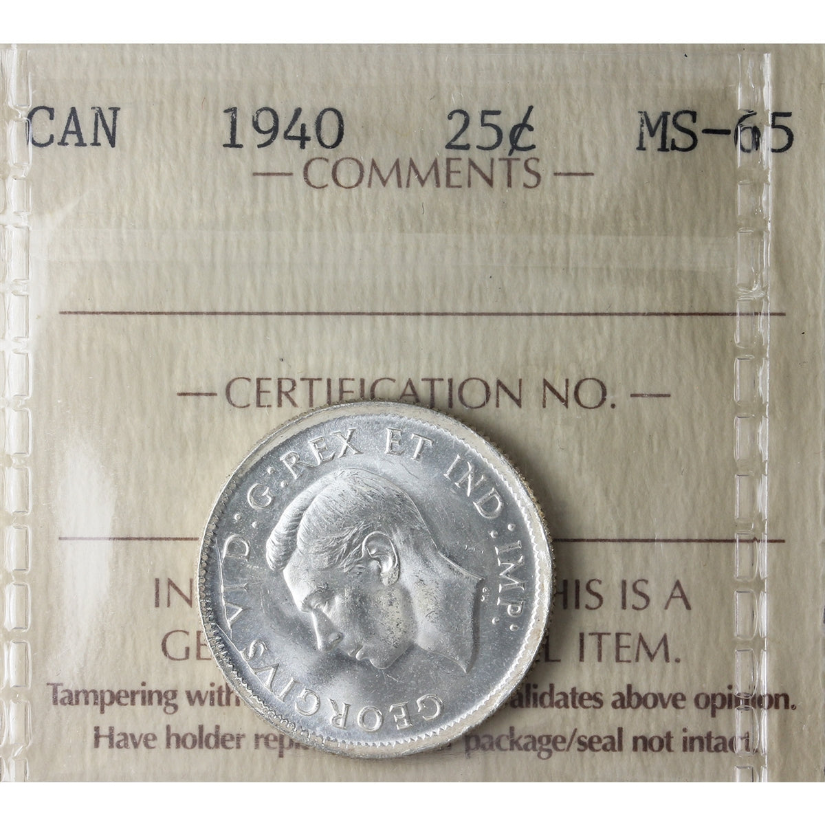 1940 Canada 25-cents ICCS Certified MS65 (TT 513)