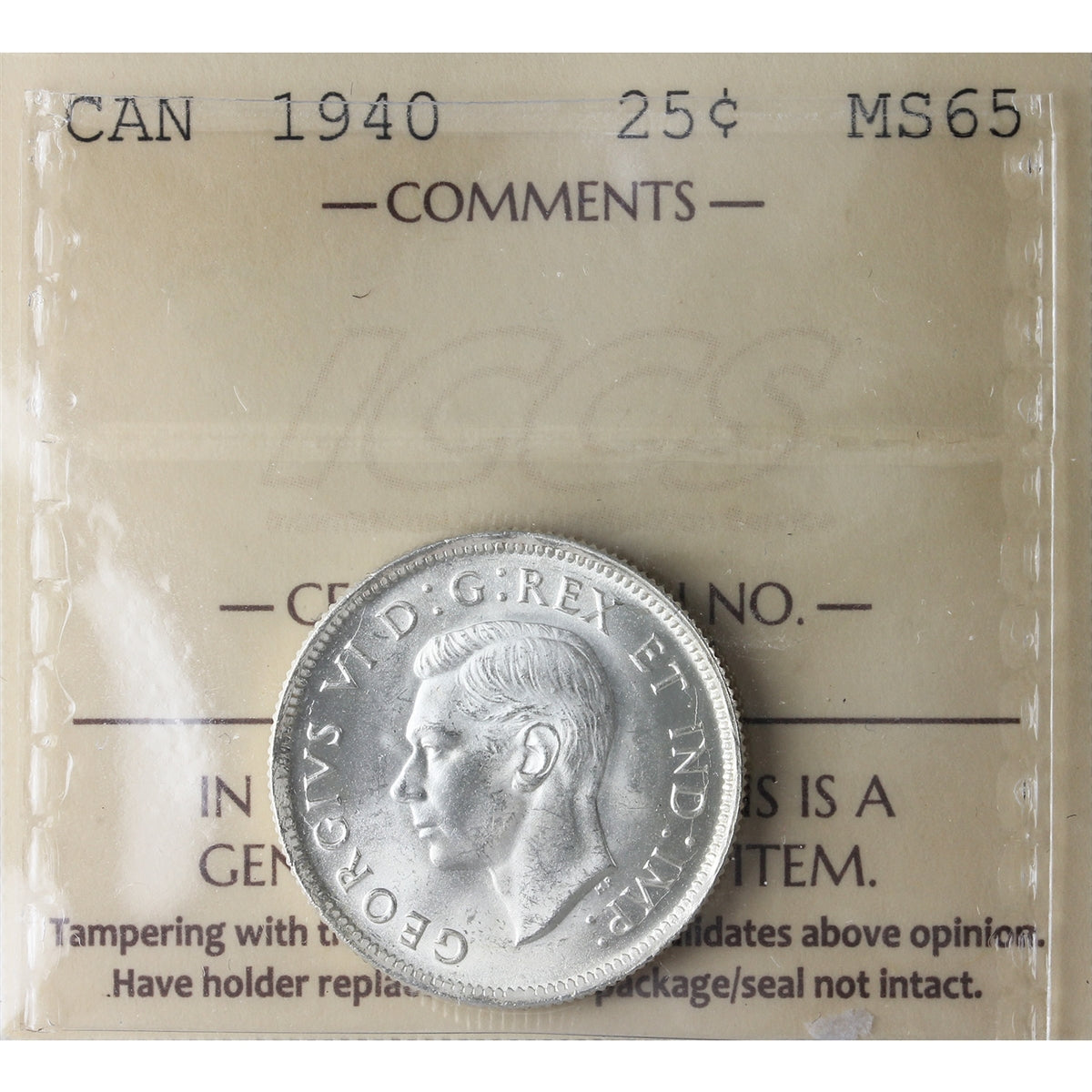 1940 Canada 25-cents ICCS Certified MS65 (XVV 272)