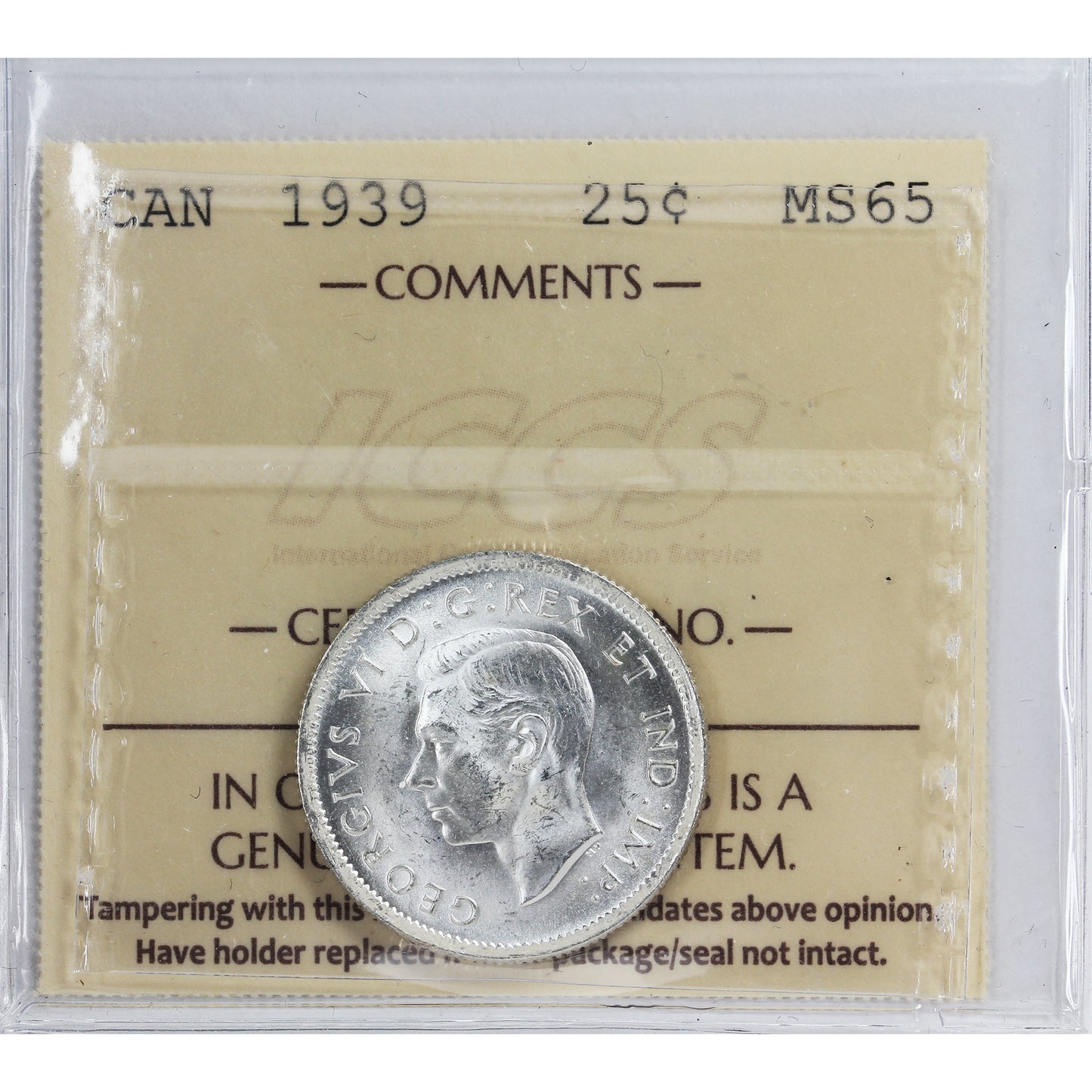 1939 Canada 25-cents ICCS Certified MS65 (XQM 439)