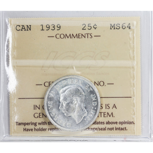 1939 Canada 25-cents ICCS Certified MS64 (XXR 614)
