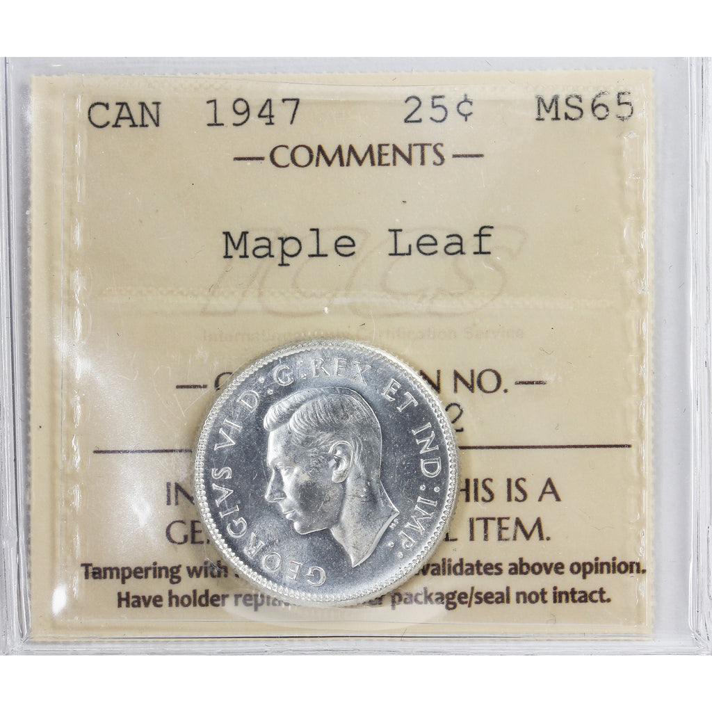 1947 Maple Leaf Canada 25-cents ICCS Certified MS65 (XCZ 823)