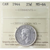 1944 Canada 25-cents ICCS Certified MS64