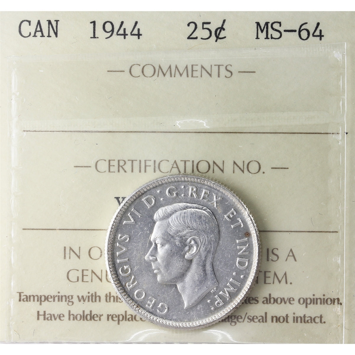 1944 Canada 25-cents ICCS Certified MS64