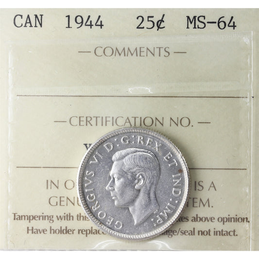 1944 Canada 25-cents ICCS Certified MS64