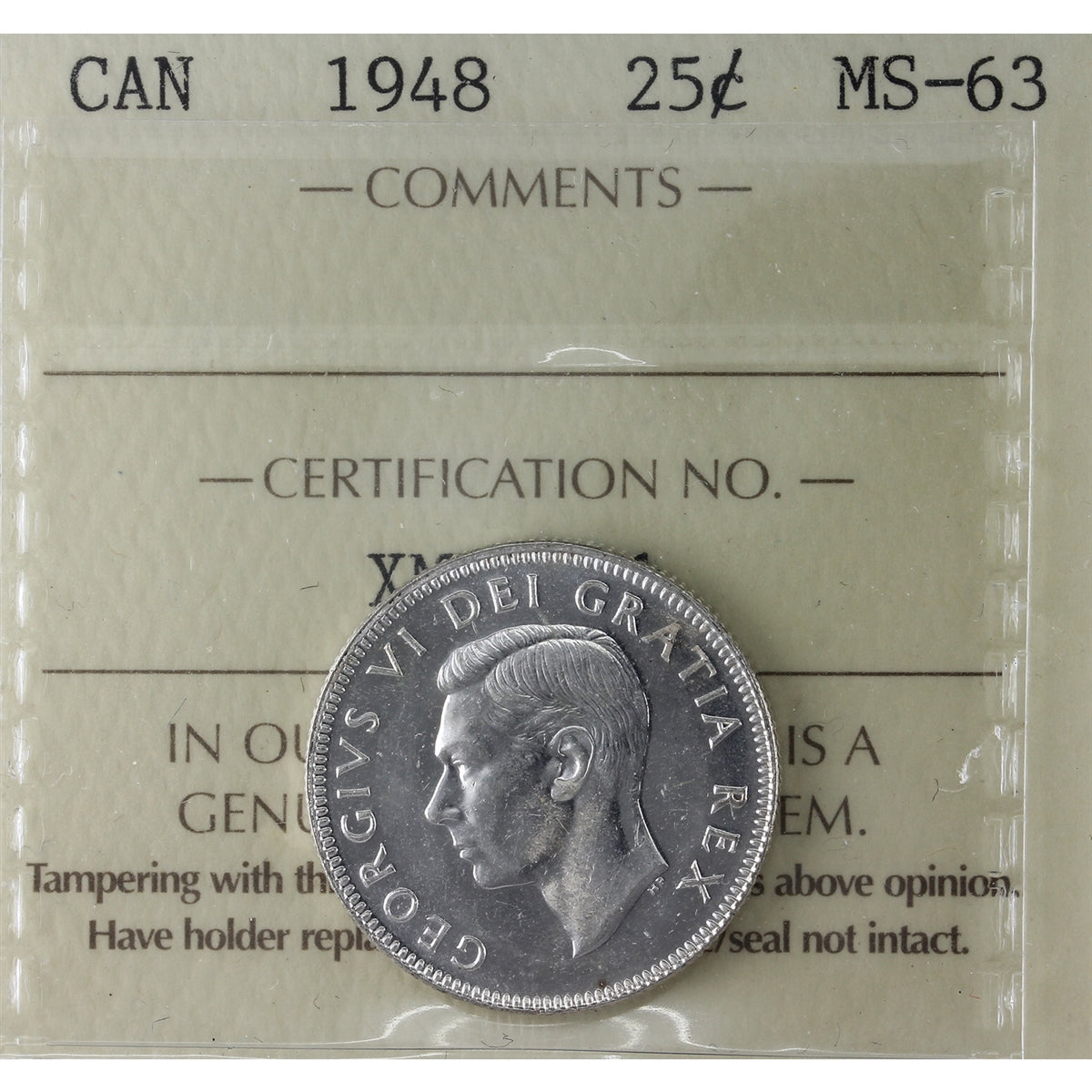1948 Canada 25-cents ICCS Certified MS63