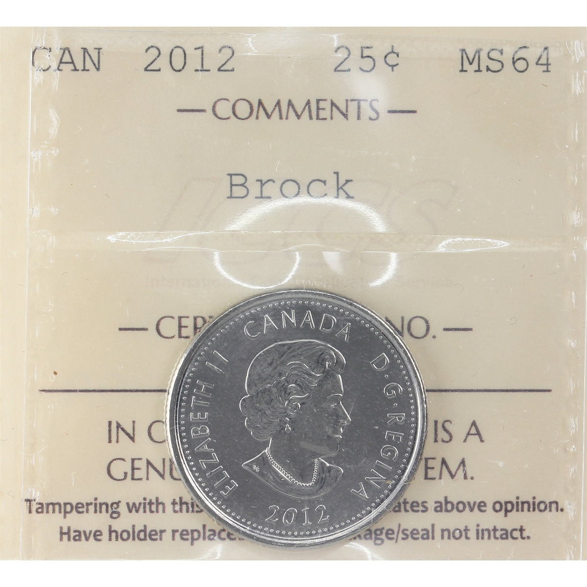 2012 Brock Canada 25-cents ICCS Certified MS64