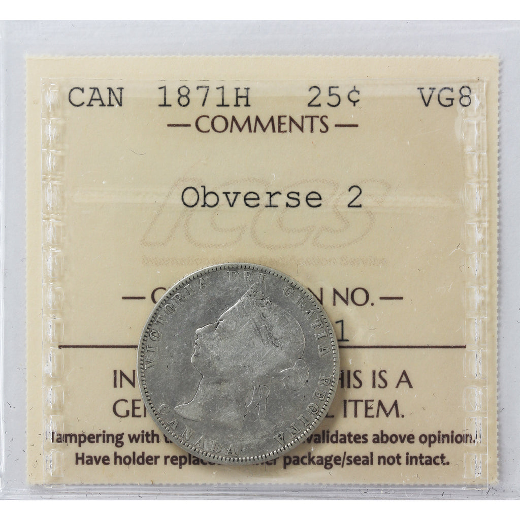 1871H Obv. 2 Canada 25-cents ICCS Certified VG8