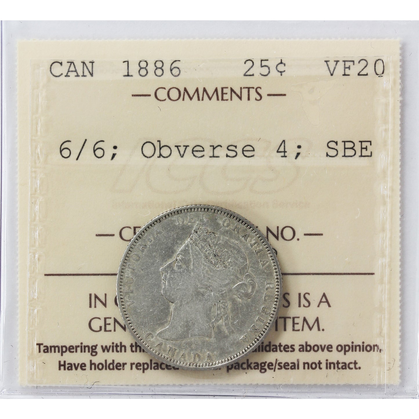 1886 6/6, Obv. 4, SBE Canada 25-cents ICCS Certified VF20