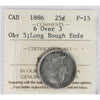 1886 6/3, Obv. 5, Long Bough Ends Canada 25-cents ICCS Certified F15