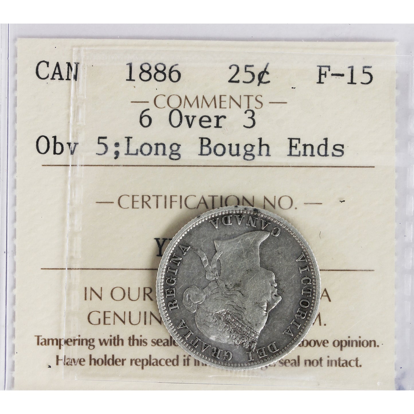 1886 6/3, Obv. 5, Long Bough Ends Canada 25-cents ICCS Certified F15