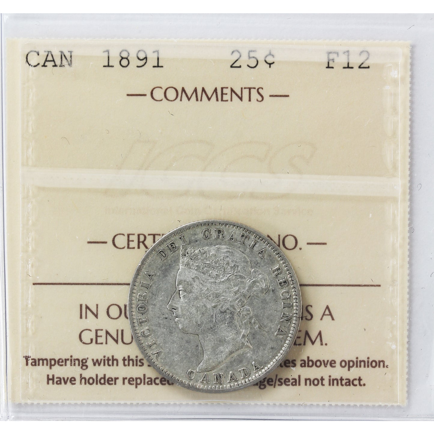 1891 Canada 25-cents ICCS Certified F12