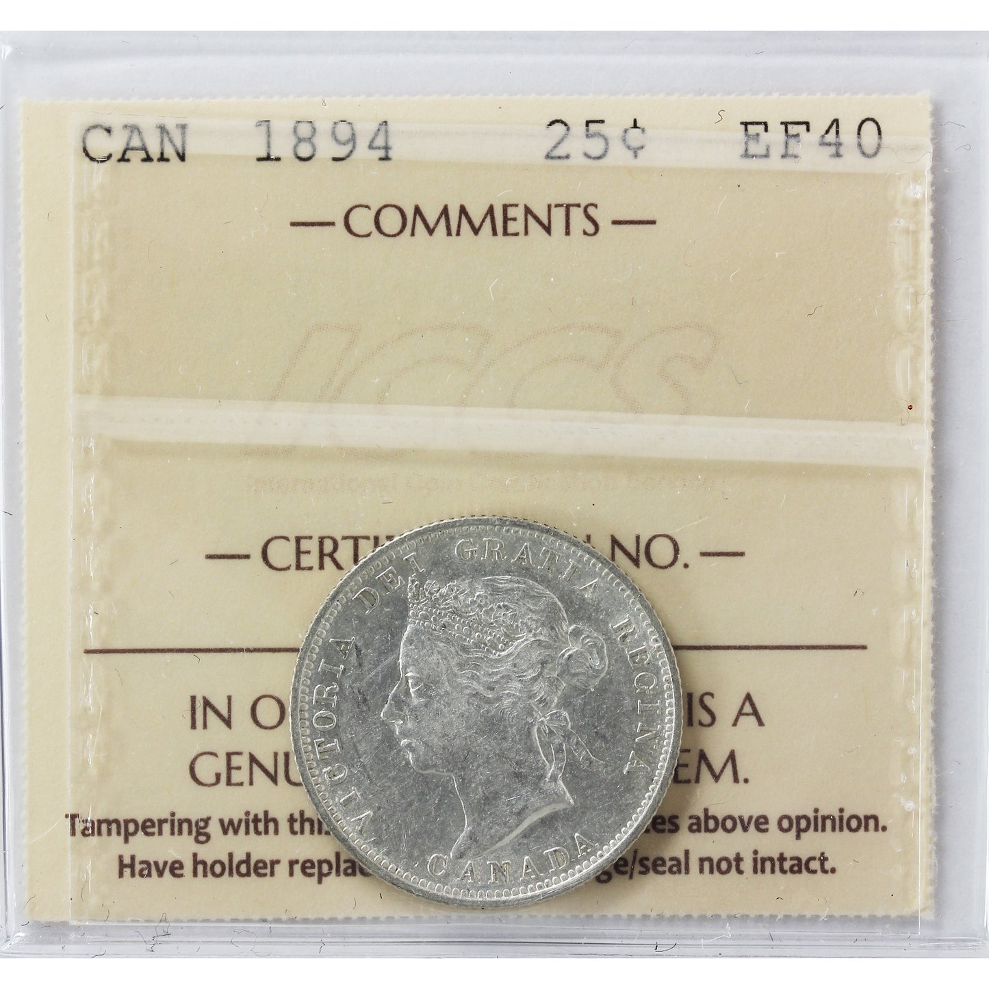 1894 Canada 25-cents ICCS Certified EF40