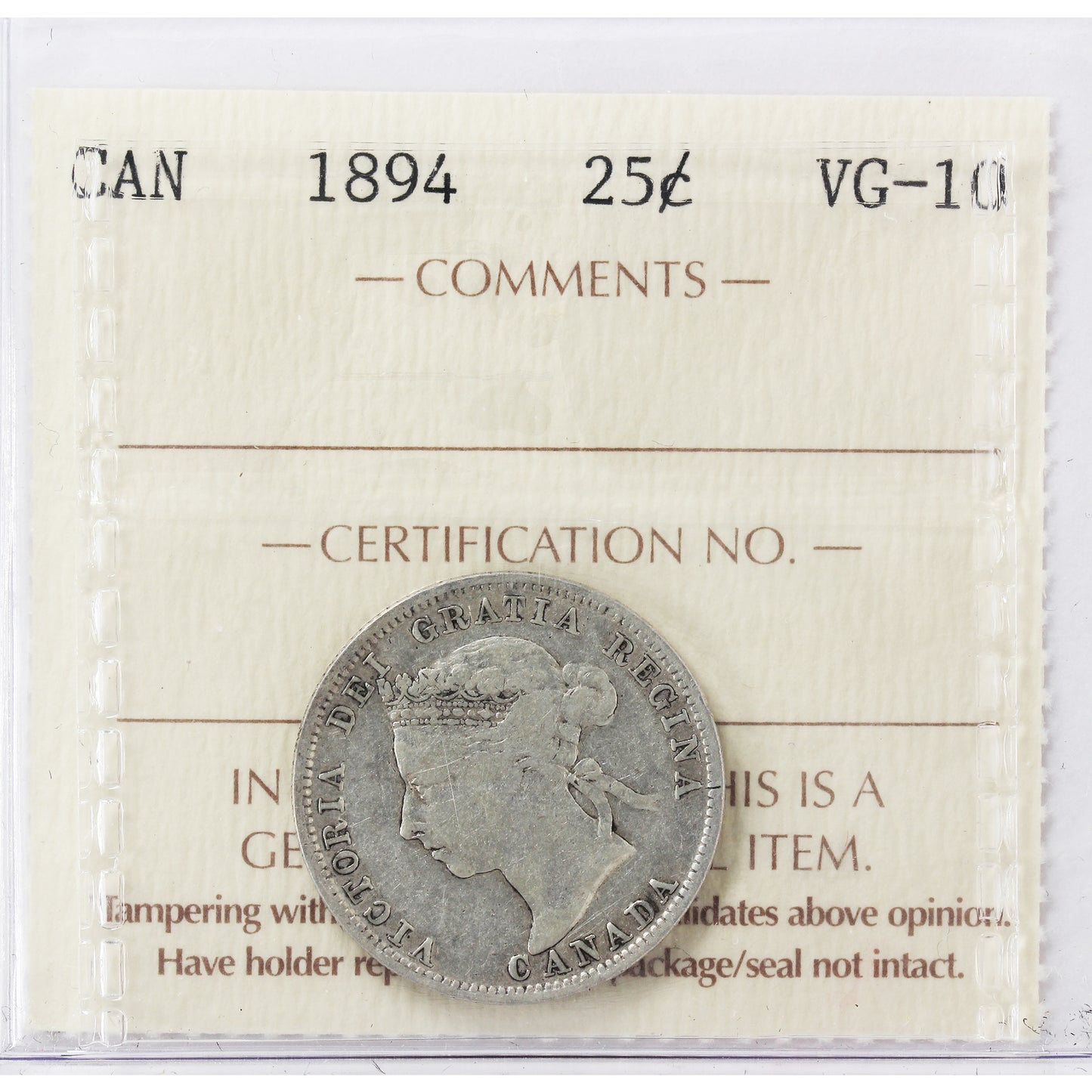 1894 Canada 25-cents ICCS Certified VG10