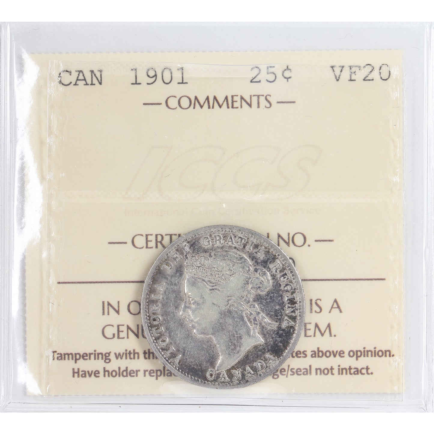 1901 Canada 25-cents ICCS Certified VF20