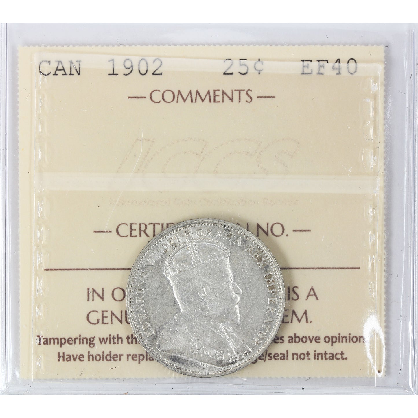 1902 Canada 25-cents ICCS Certified EF40