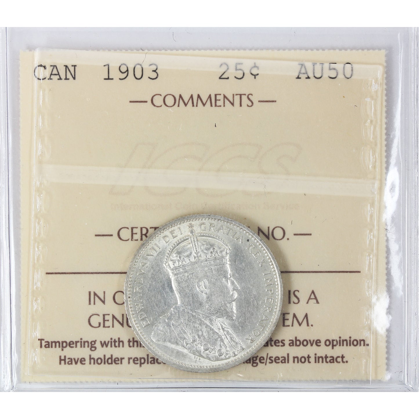 1903 Canada 25-cents ICCS Certified AU50