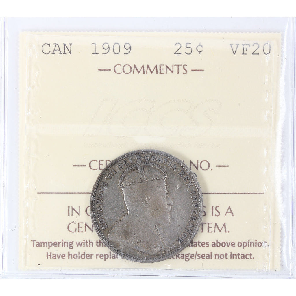 1909 Canada 25-cents ICCS Certified VF20