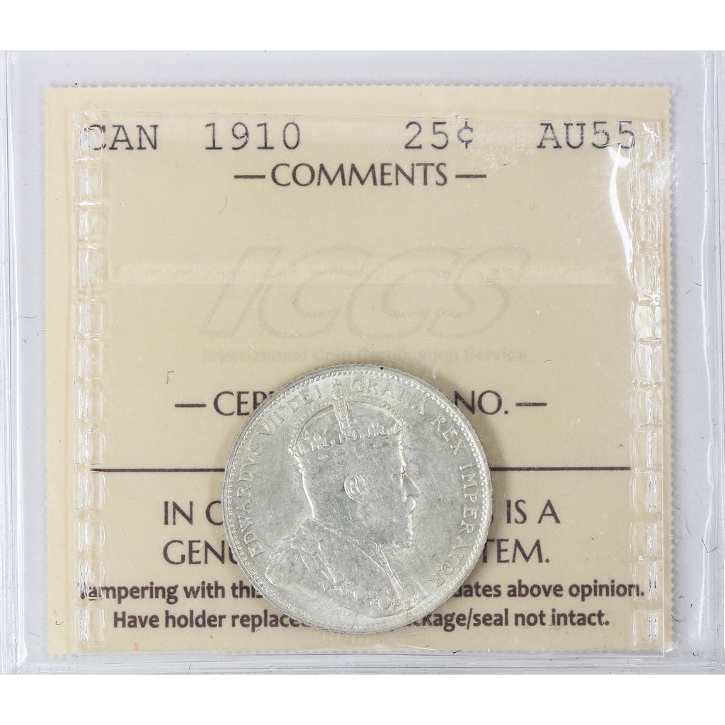 1910 Canada 25-cents ICCS Certified AU-55