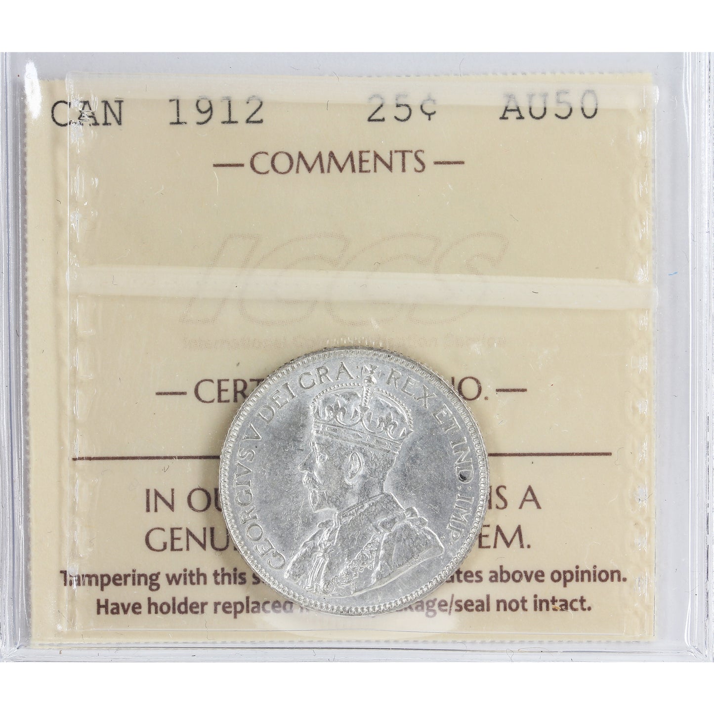1912 Canada 25-cents ICCS Certified AU50