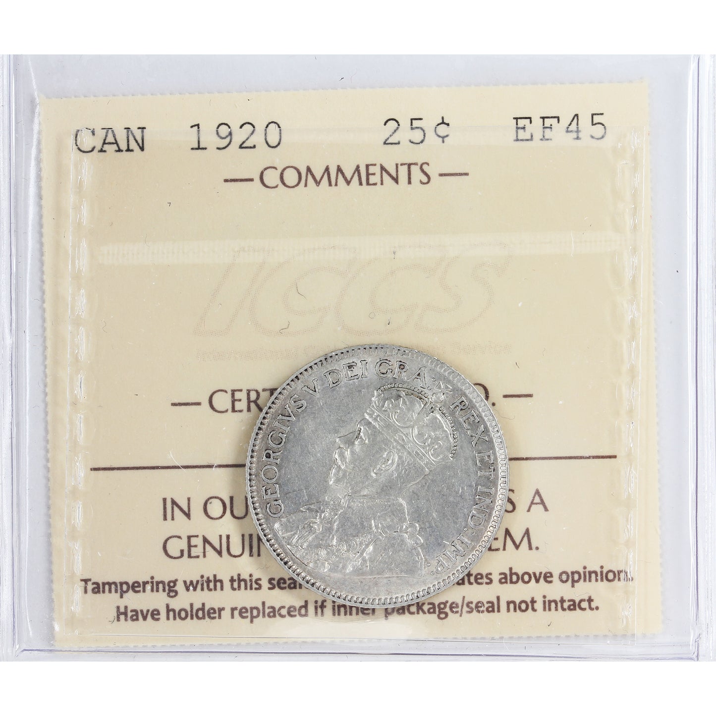 1920 Canada 25-cents ICCS Certified EF45