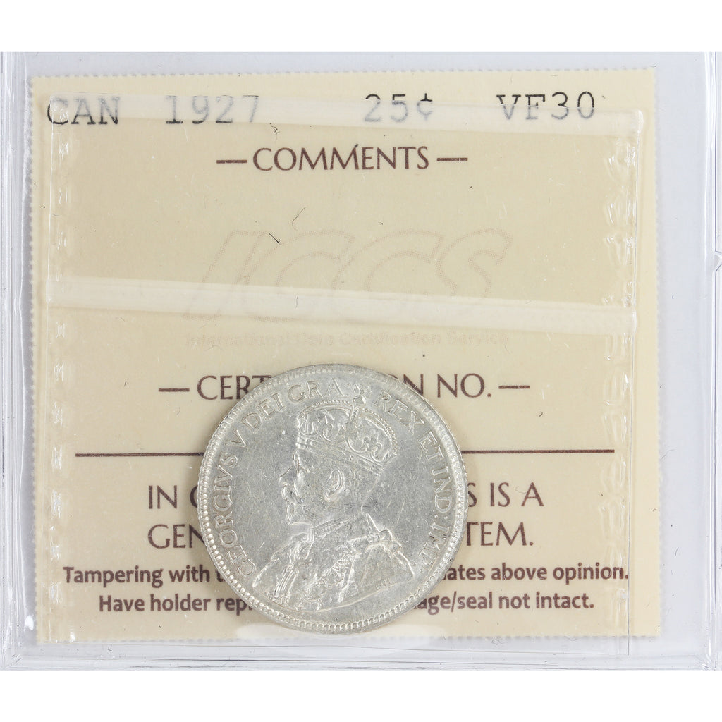1927 Canada 25-cents ICCS Certified VF30