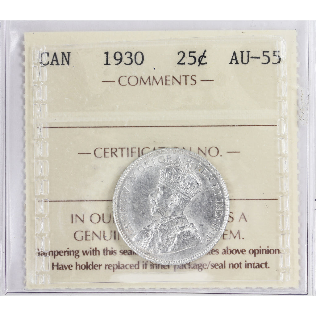 1930 Canada 25-cents ICCS Certified AU55