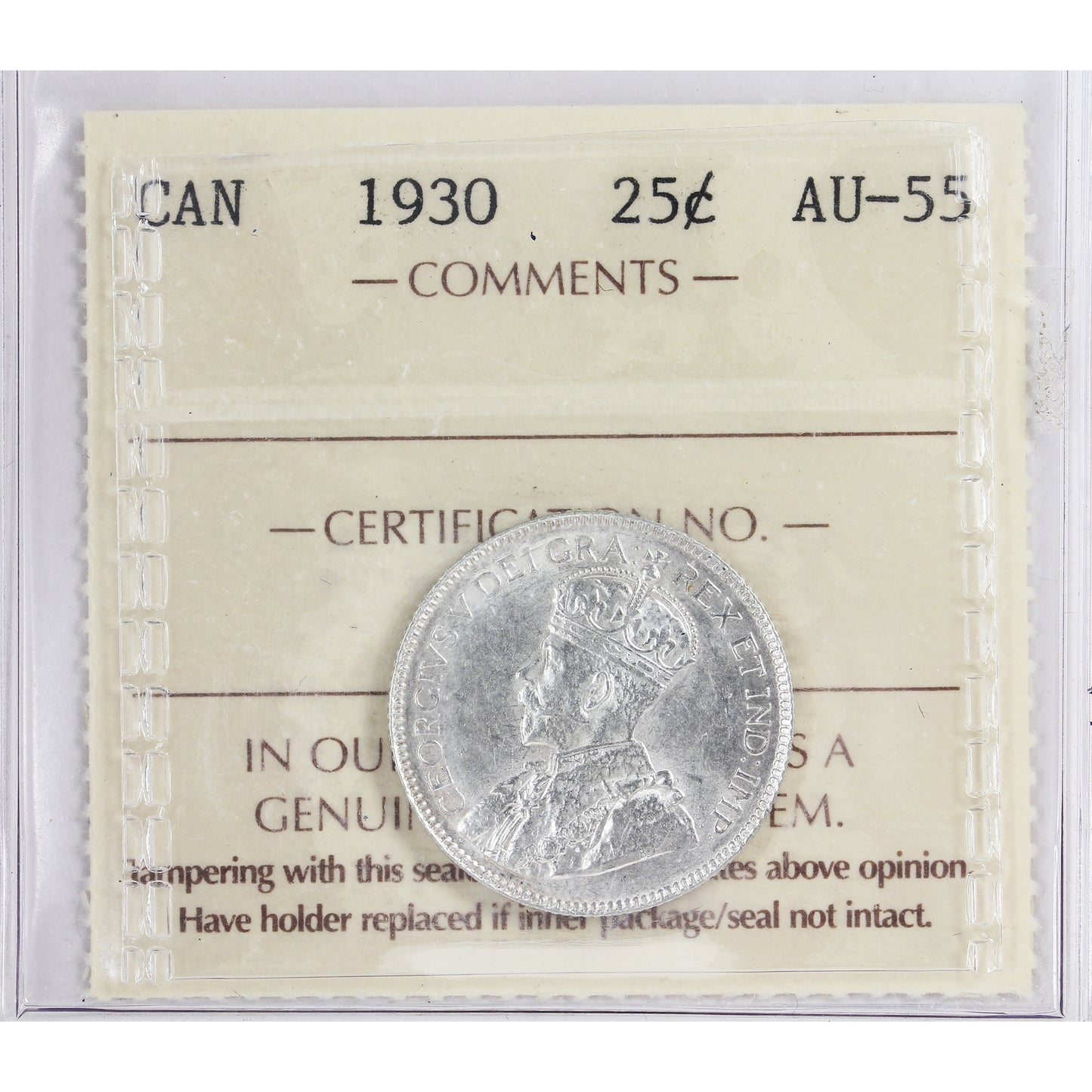 1930 Canada 25-cents ICCS Certified AU55