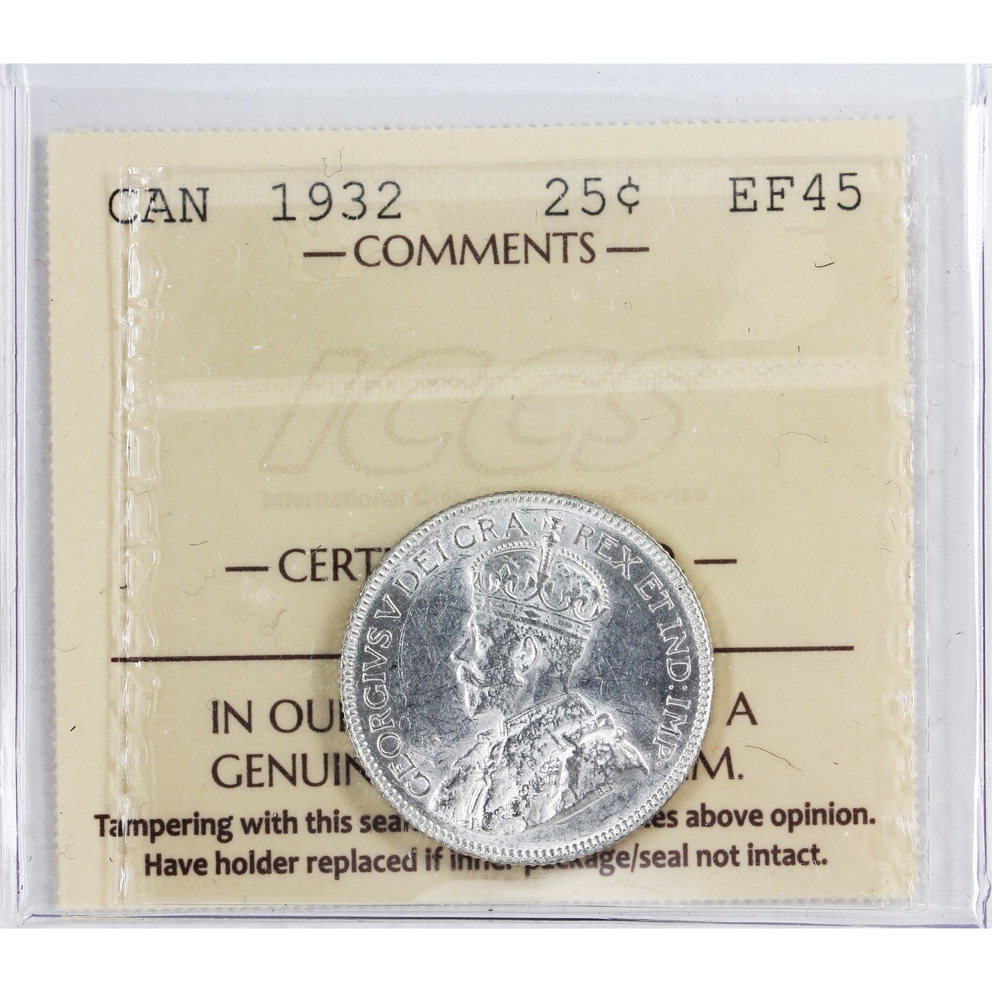 1932 Canada 25-cents ICCS Certified EF45