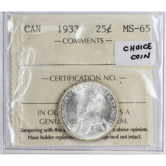 1933 Canada 25-cents ICCS Certified MS65 (YH 944) A choice coin!