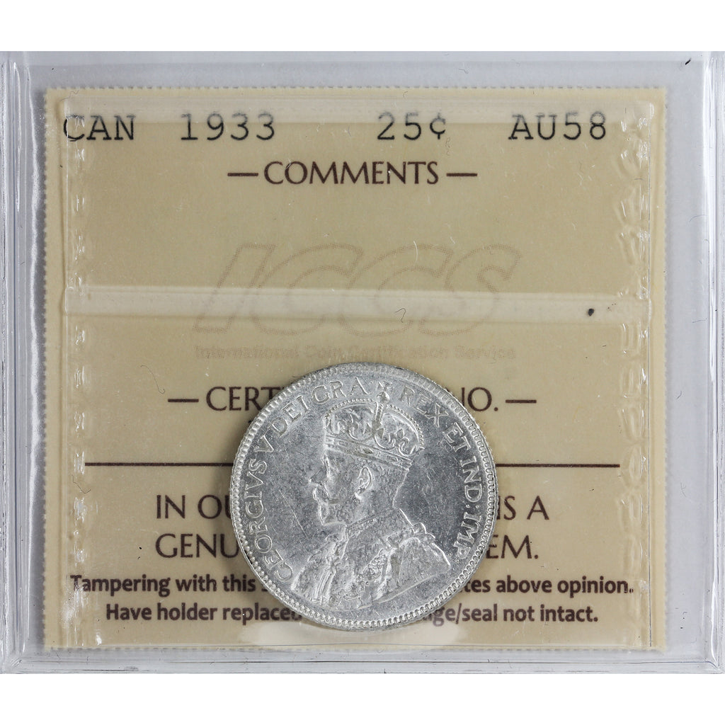 1933 Canada 25-cents ICCS Certified AU58