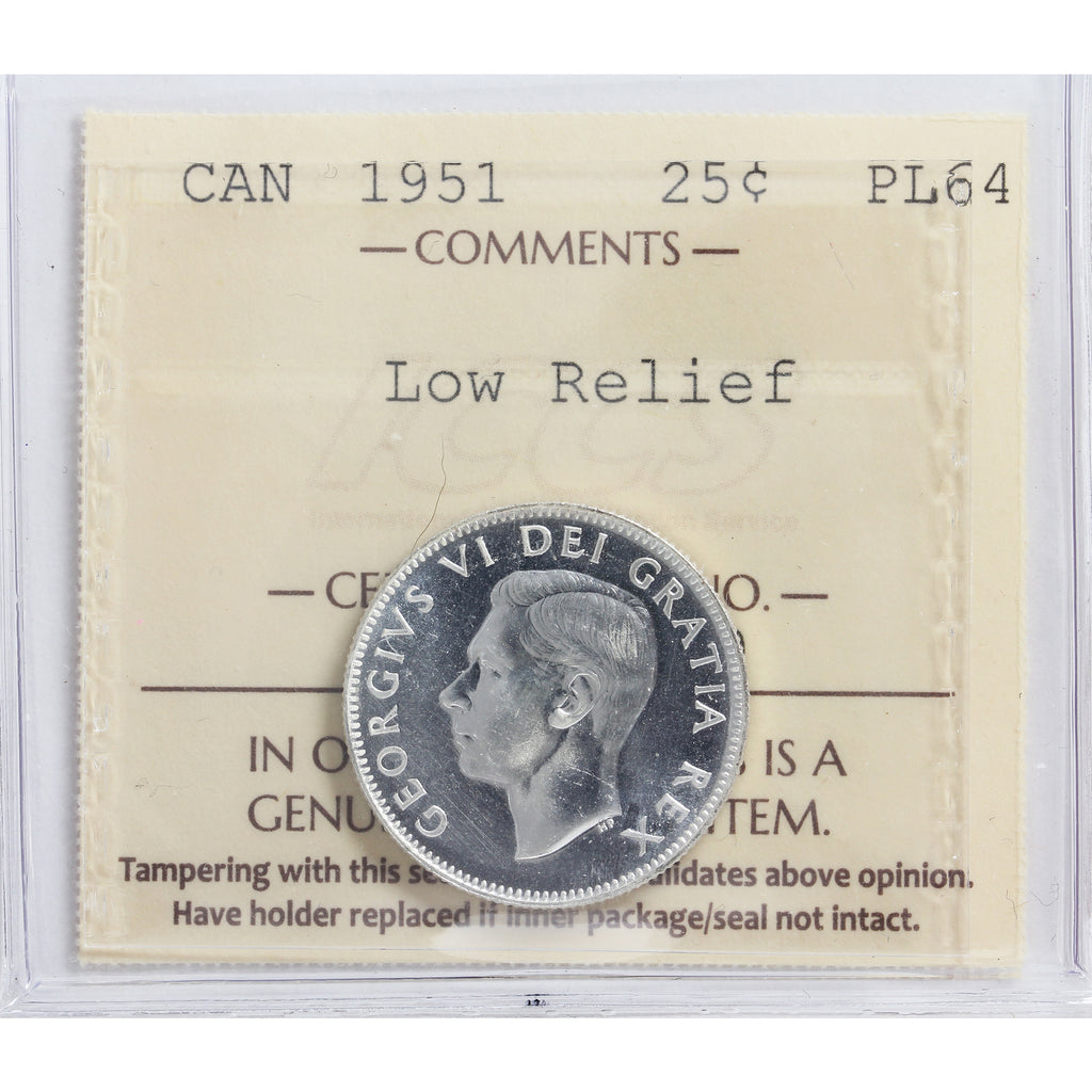 1951 Low Relief Canada 25-cents ICCS Certified PL64