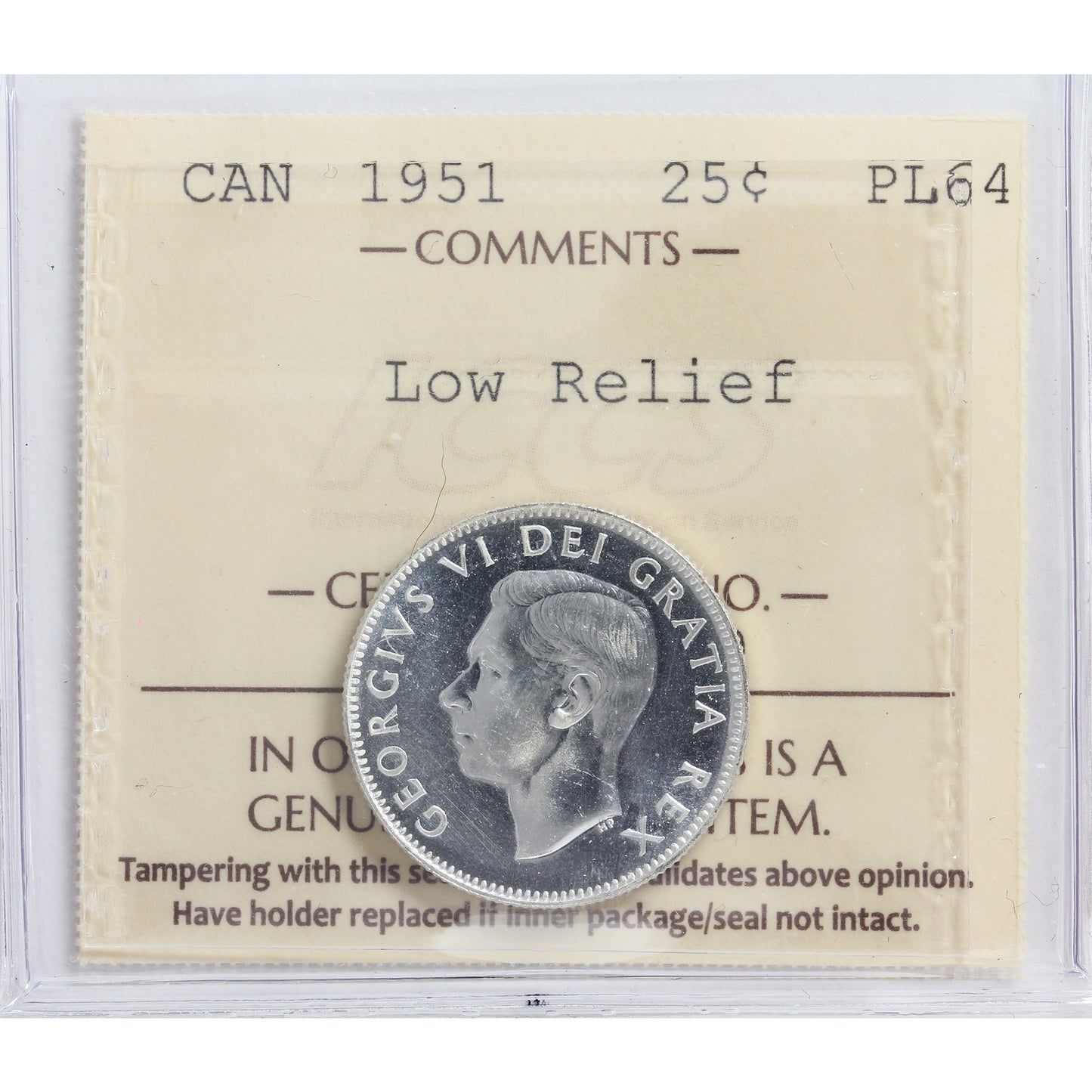 1951 Low Relief Canada 25-cents ICCS Certified PL64