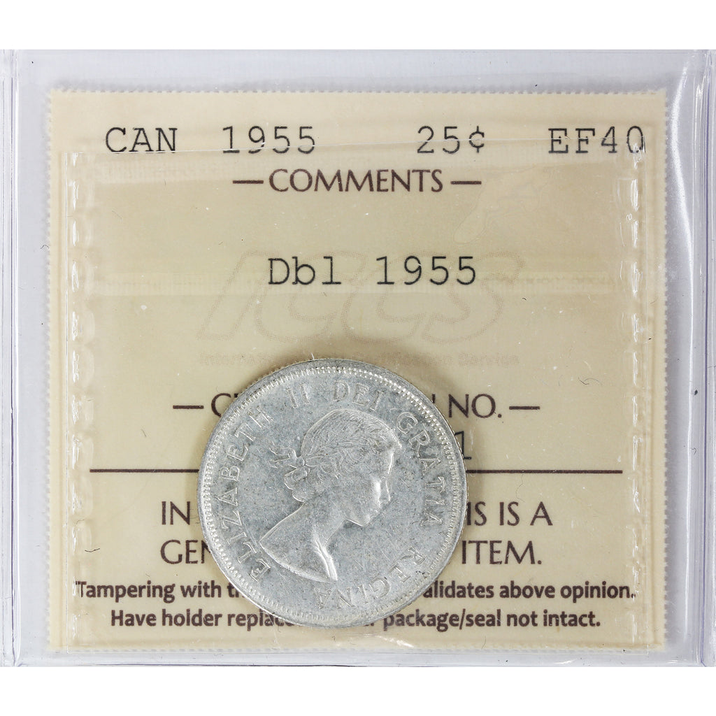 1955 Double 1955 Canada 25-cents ICCS Certified EF40