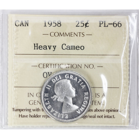 1958 Canada 25-cents ICCS Certified PL-66 Heavy Cameo