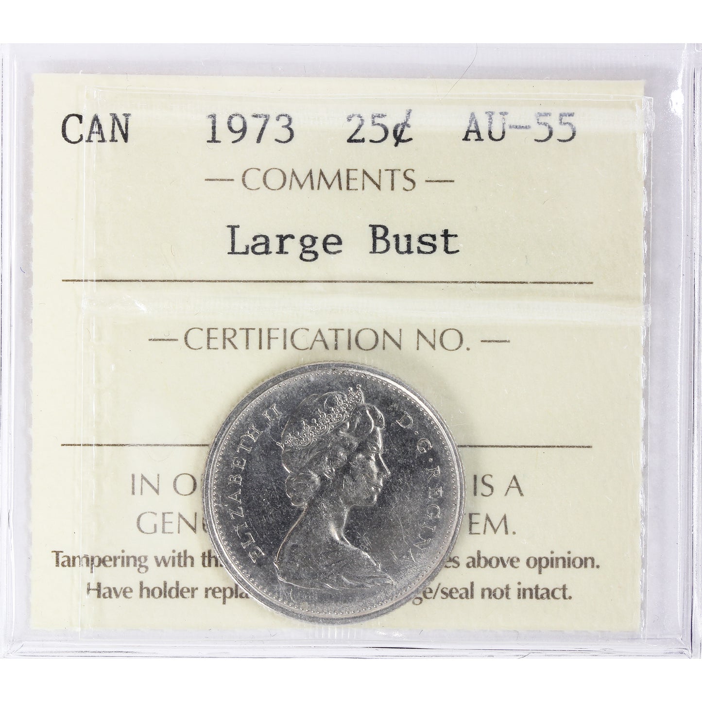 1973 Large Bust Canada 25-cents ICCS Certified AU55