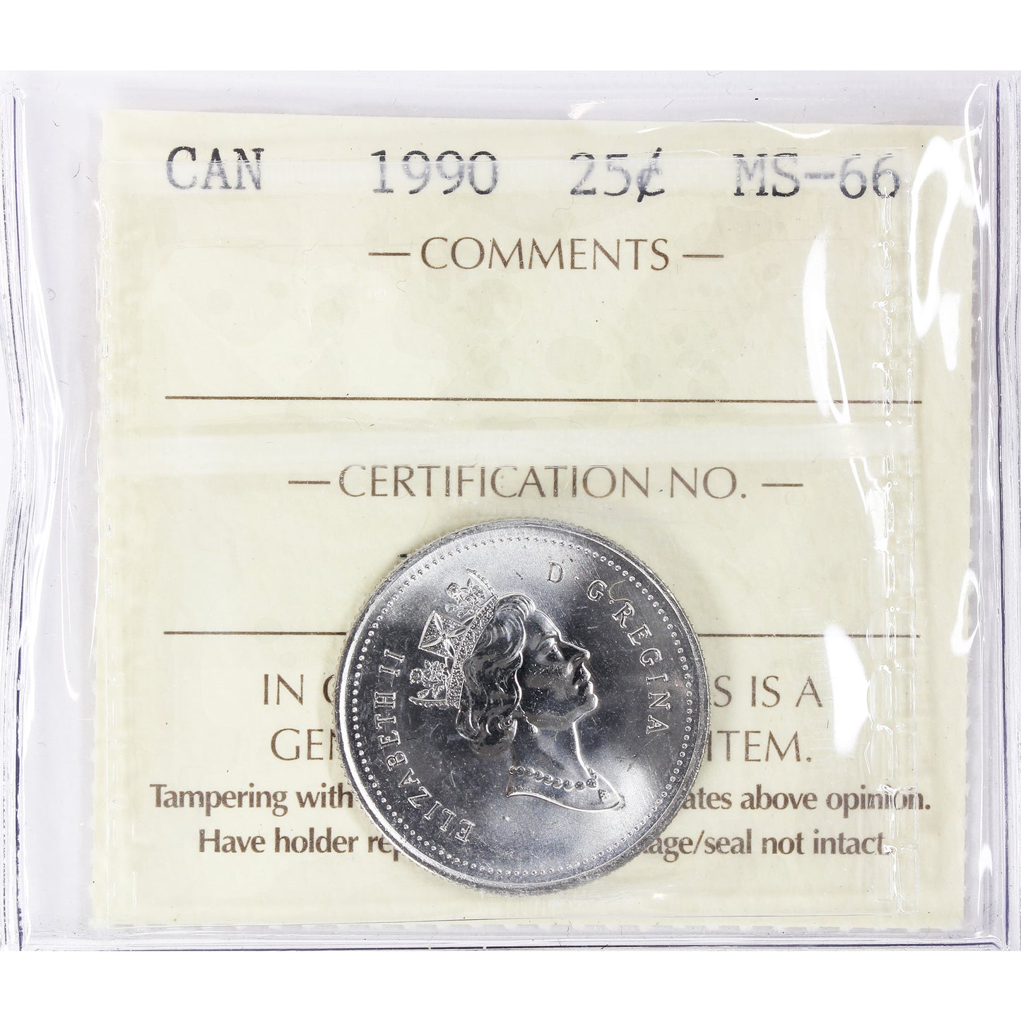 1990 Canada 25-cents ICCS Certified MS66