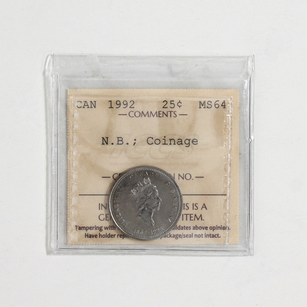 1992 New Brunswick, Upset Dies (Coinage) Canada 25-cents ICCS Certified MS64