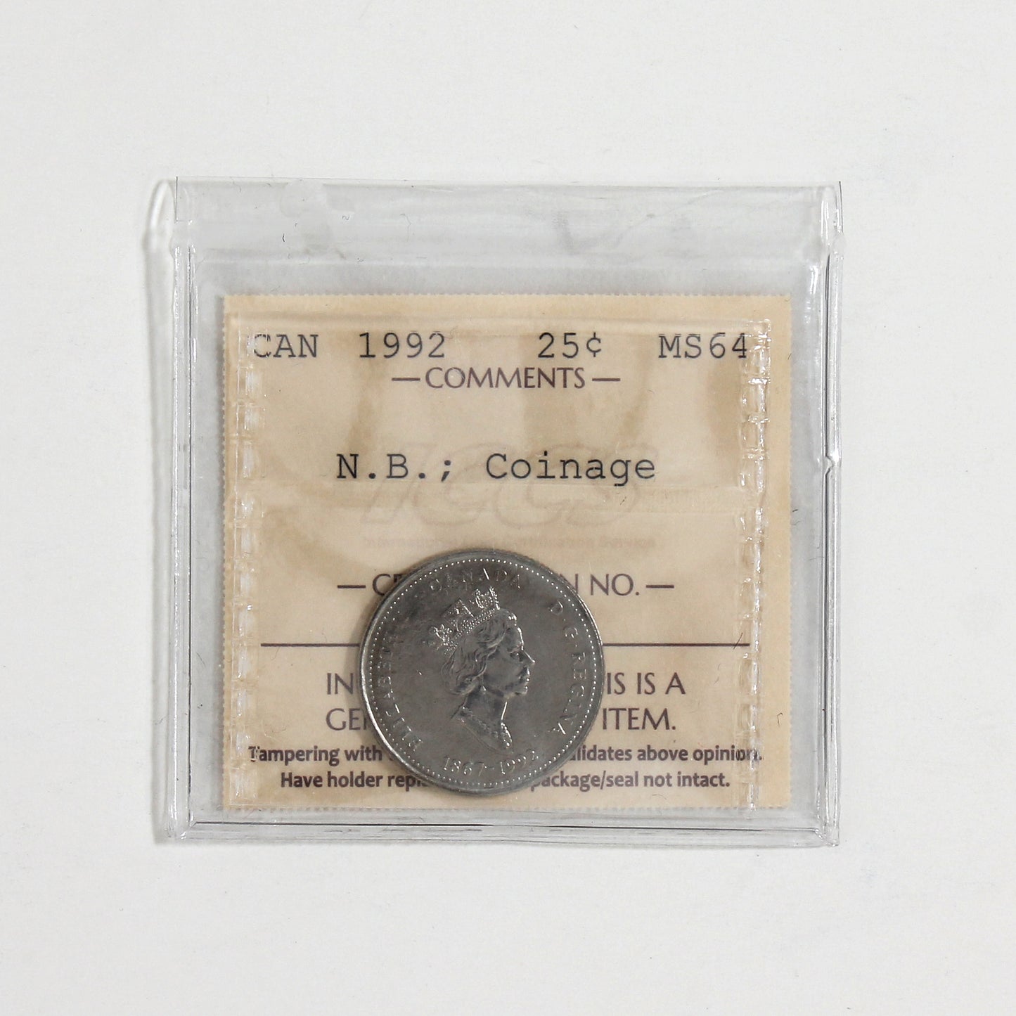 1992 New Brunswick, Upset Dies (Coinage) Canada 25-cents ICCS Certified MS64