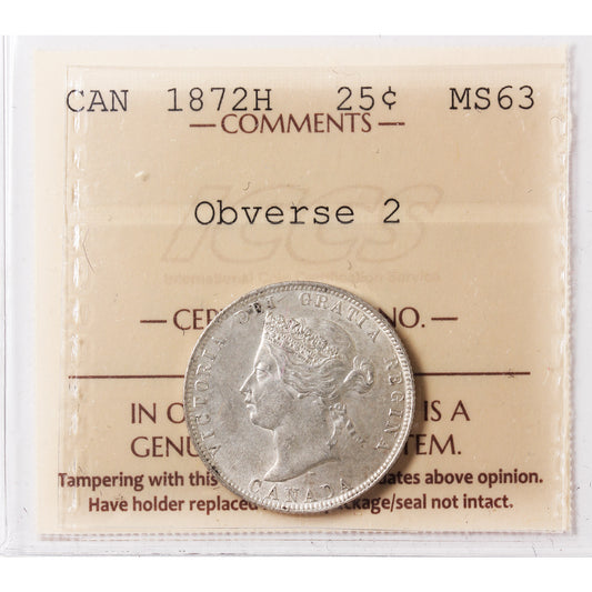 1872H Obv. 2 Canada 25-cents ICCS Certified MS-63 (XVR 144)