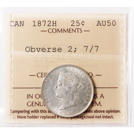 1872H 7/7, Obv. 2 Canada 25-cents ICCS Certified AU-50