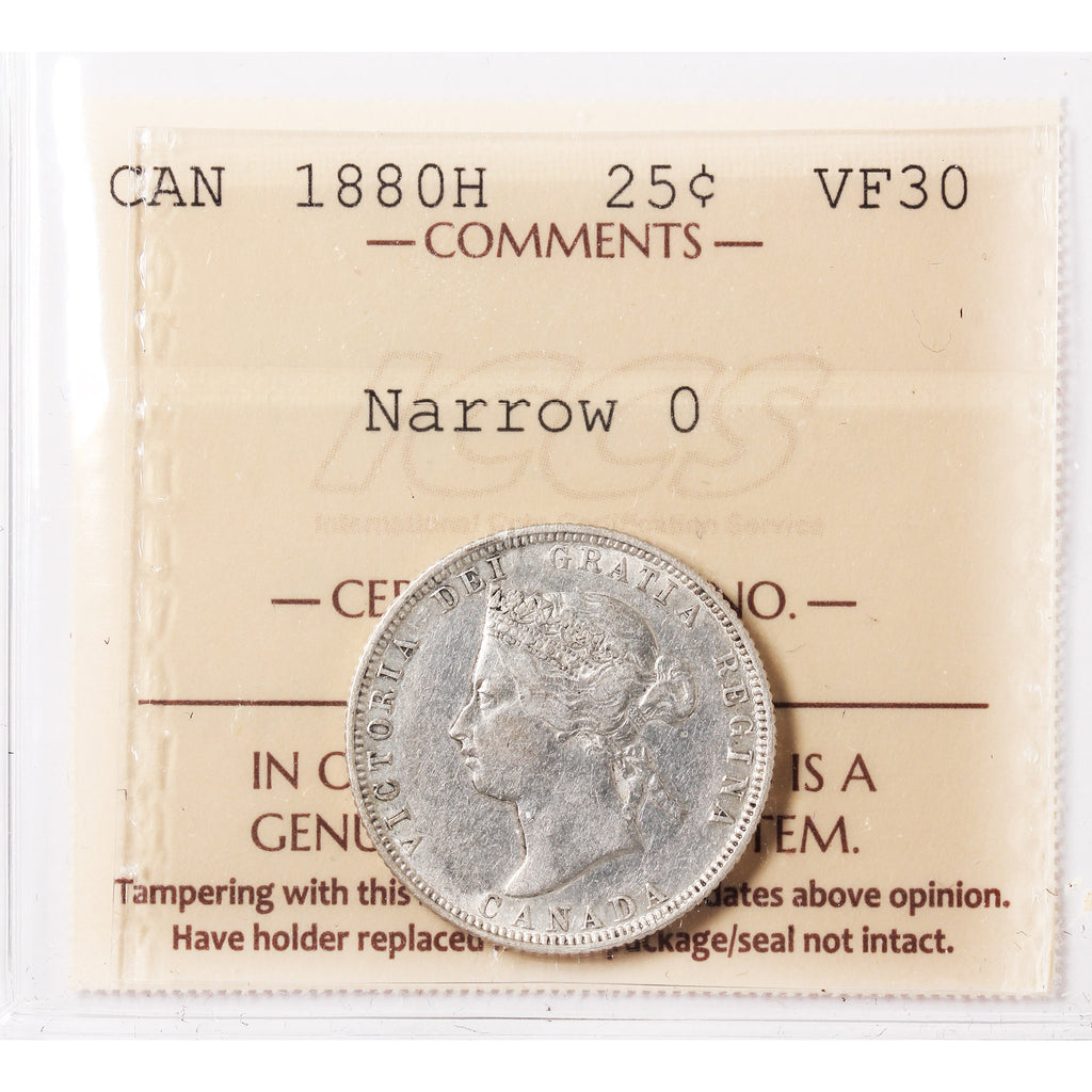 1880H Narrow 0 Canada 25-cents ICCS Certified VF30